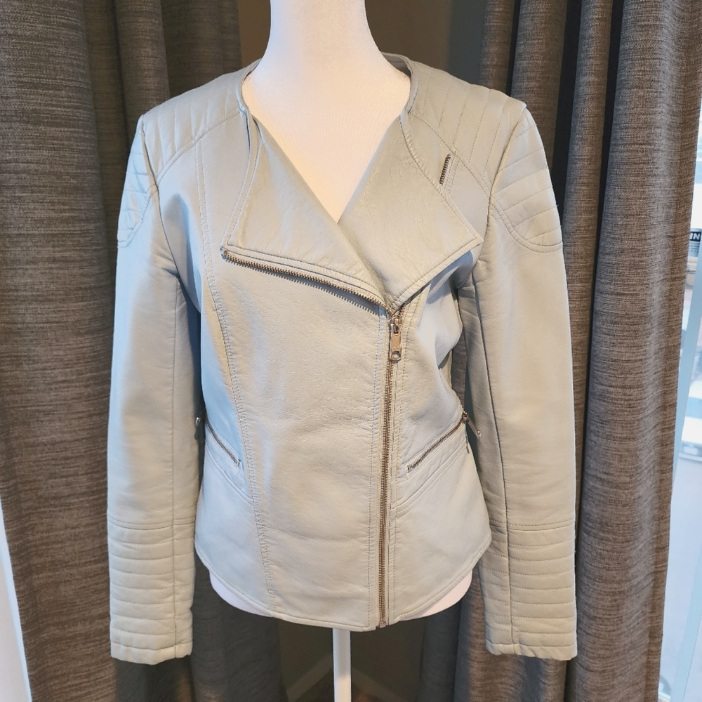 Light blue faux leather moto jacket